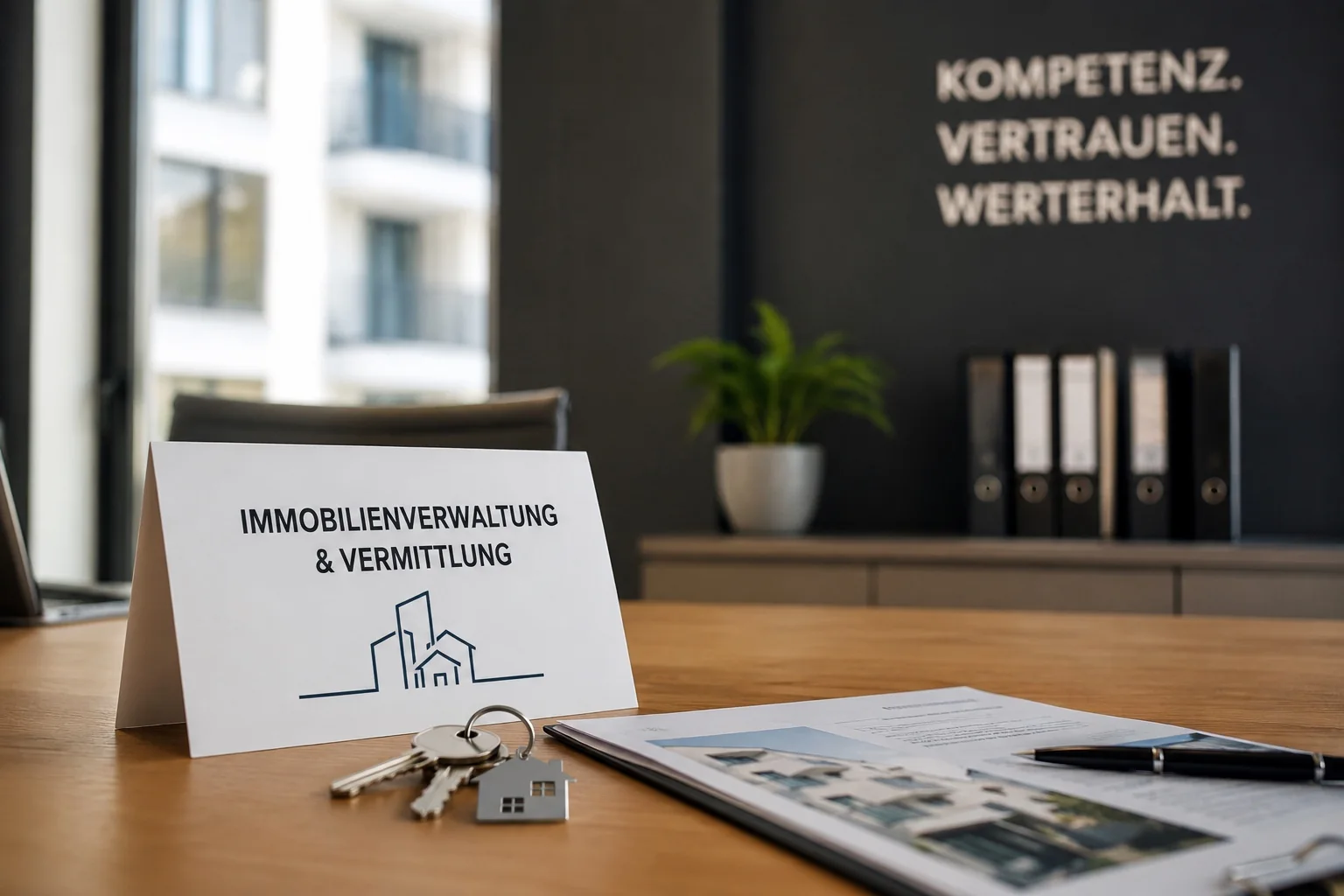 Arbeitsplatz einer Immobilienverwaltung mit Unterlagen, Schlüsselbund und Immobilienunterlagen